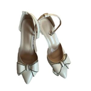 Cream Pointed-Toe Bow Slingback Heels with Crystal Trim